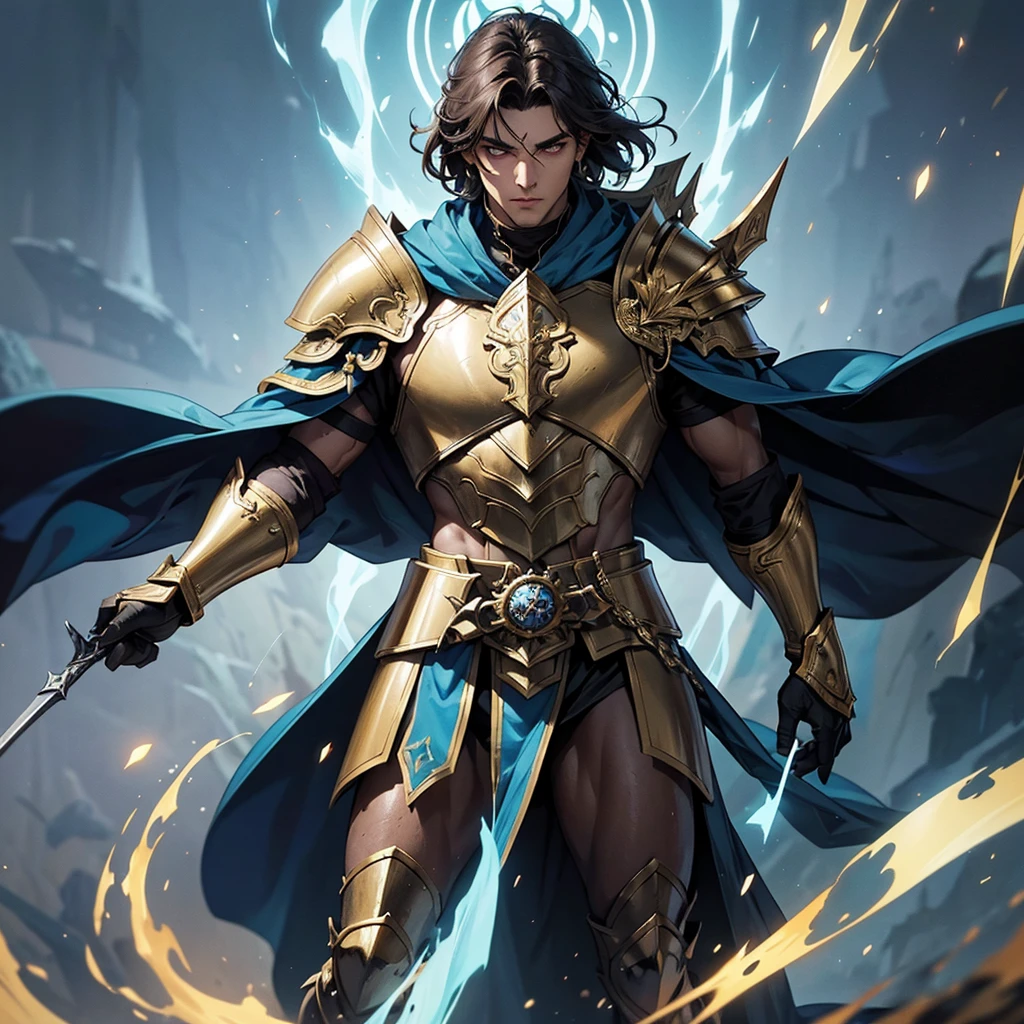 Eldran is a striking figure, standing at 6'3" with a muscular yet agile build, a testament to his rigorous training and divine blessing. His hair is a dark brown, kept short and practical for battle, while his eyes are a piercing blue, often said to reflect the clarity and depth of his faith. His skin is weathered, bearing the marks and scars of countless battles against the undead and other dark creatures.
He wears a distinctive set of armor, gleaming with a holy aura. The armor is intricately designed with symbols of Arkay, featuring silver and gold accents that catch the light, giving him an almost ethereal appearance. A long, flowing blue cape, trimmed with gold, drapes from his shoulders, bearing the emblem of Arkay on its back.
