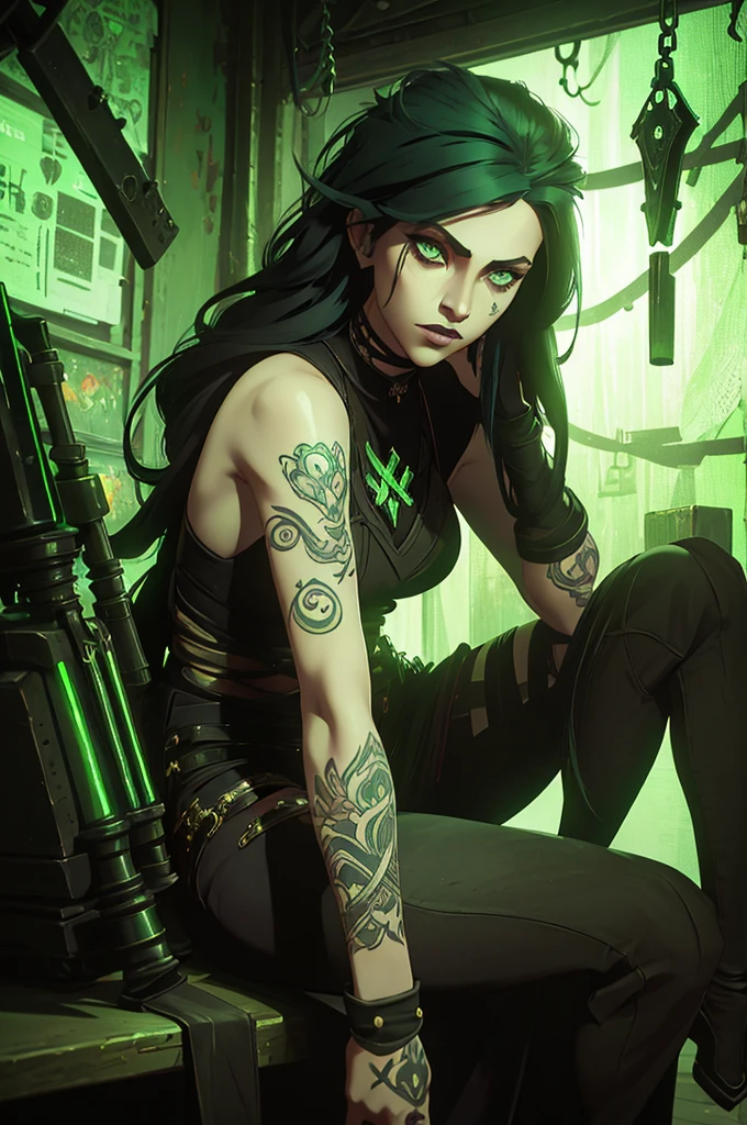 only one girl, black hair and phospor green underlights, green eyes, has tattoos, piercings, light skin but not that light, dressed in dark fantasy style, long hair gothic dark style punk diesel, sitting in the lab working with weapons and hextech gems