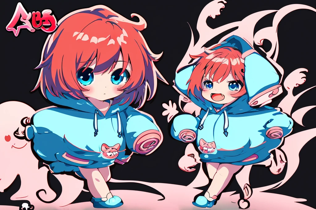 ANIME Chibi Girl logo, Vector style, A CUTE girl, wearing a ghost costume with a hood, no details on the costume, red hair, blue eyes. The logo style should be in anime kawaii style, artistic. No six fingers, short hair, No detailed drawing, No long hair. Simple hoodie. Black background