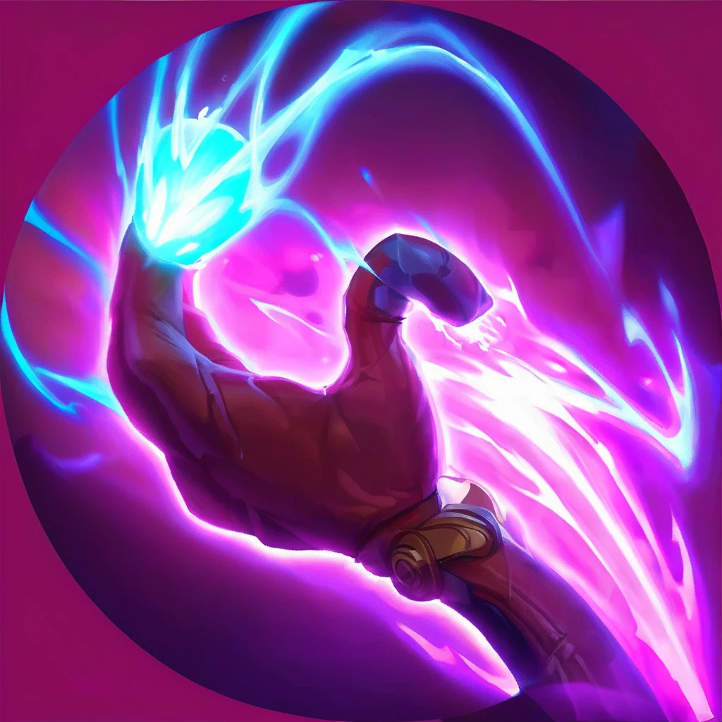 I want a 2d icon, for a game, with a 5-fingered hand, Electric touch, thunder coming out of a hand, and hitting a target, dark blue background and shock blue half purple