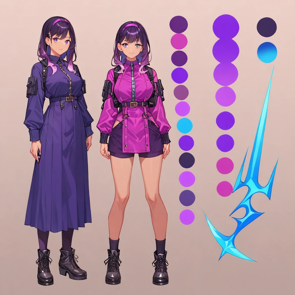 score_9, score_8_up, score_7_up, score_6_up, score_5_up, score_4_up, BREAK source_anime, 1girl, Gradient hair, Purple aura, plum, Creative design, full body, Reference sheet, Character sheet