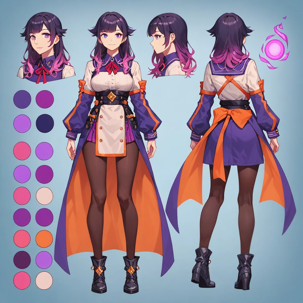 score_9, score_8_up, score_7_up, score_6_up, score_5_up, score_4_up, BREAK source_anime, 1girl, Gradient hair, Purple aura, plum, Creative design, full body, Reference sheet, Character sheet