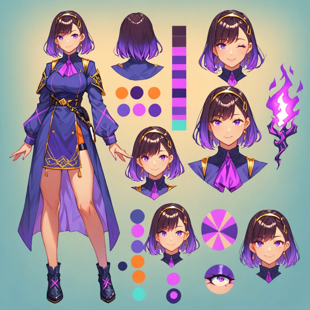 score_9, score_8_up, score_7_up, score_6_up, score_5_up, score_4_up, BREAK source_anime, 1girl, Gradient hair, Purple aura, plum, Creative design, full body, Reference sheet, Character sheet