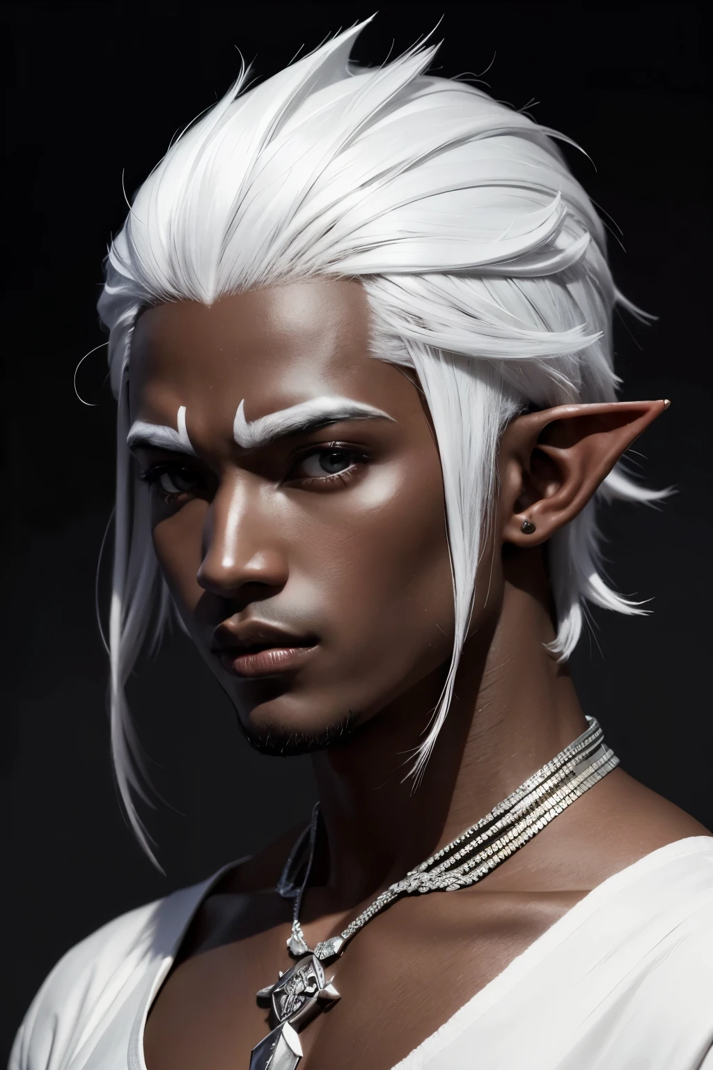 An elf man with black skin and white hair, More manly. Black skin, older, more masculine