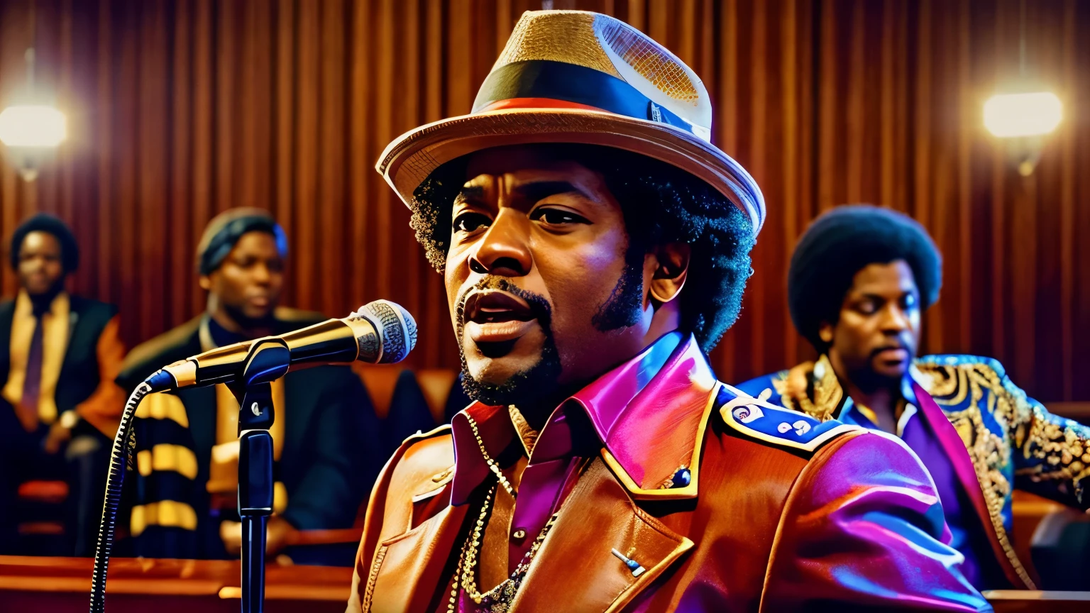 1970s male r&b superstar Ronnie Sampson and his band performing inside a courtroom, photorealistic, 8k, detailed lighting, dramatic angle, expressive facial features, intense performance, dynamic movement, vibrant colors, dramatic shadows, cinematic composition, high contrast, studio lighting