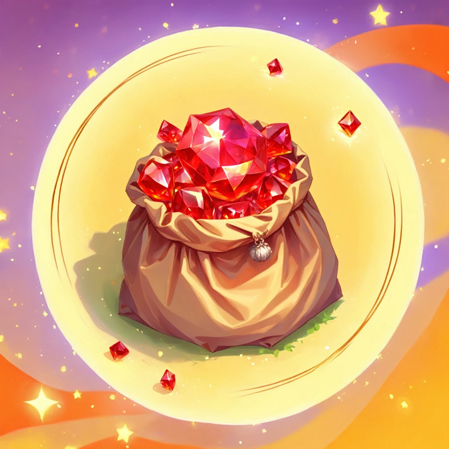 digital painting, mmorpg, Warm colors, cute style, medieval game, glowing effects in the background, glow effects, colorful, No characters, no characters, cute style, anime style, holiday, bag of rubies, sack, Rubies, Award