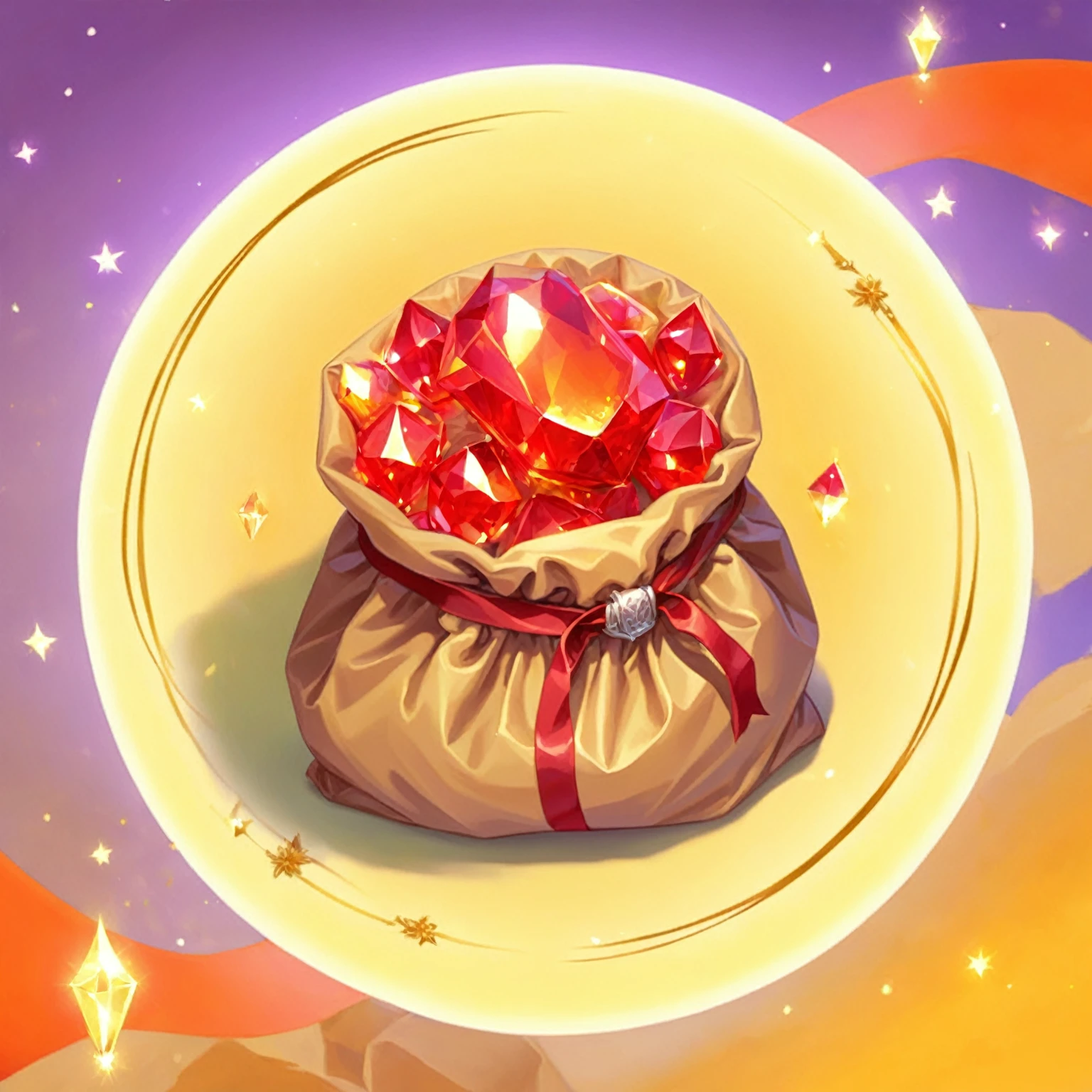 digital painting, mmorpg, Warm colors, cute style, medieval game, glowing effects in the background, glow effects, colorful, No characters, no characters, cute style, anime style, holiday, bag of rubies, sack, Rubies, Award