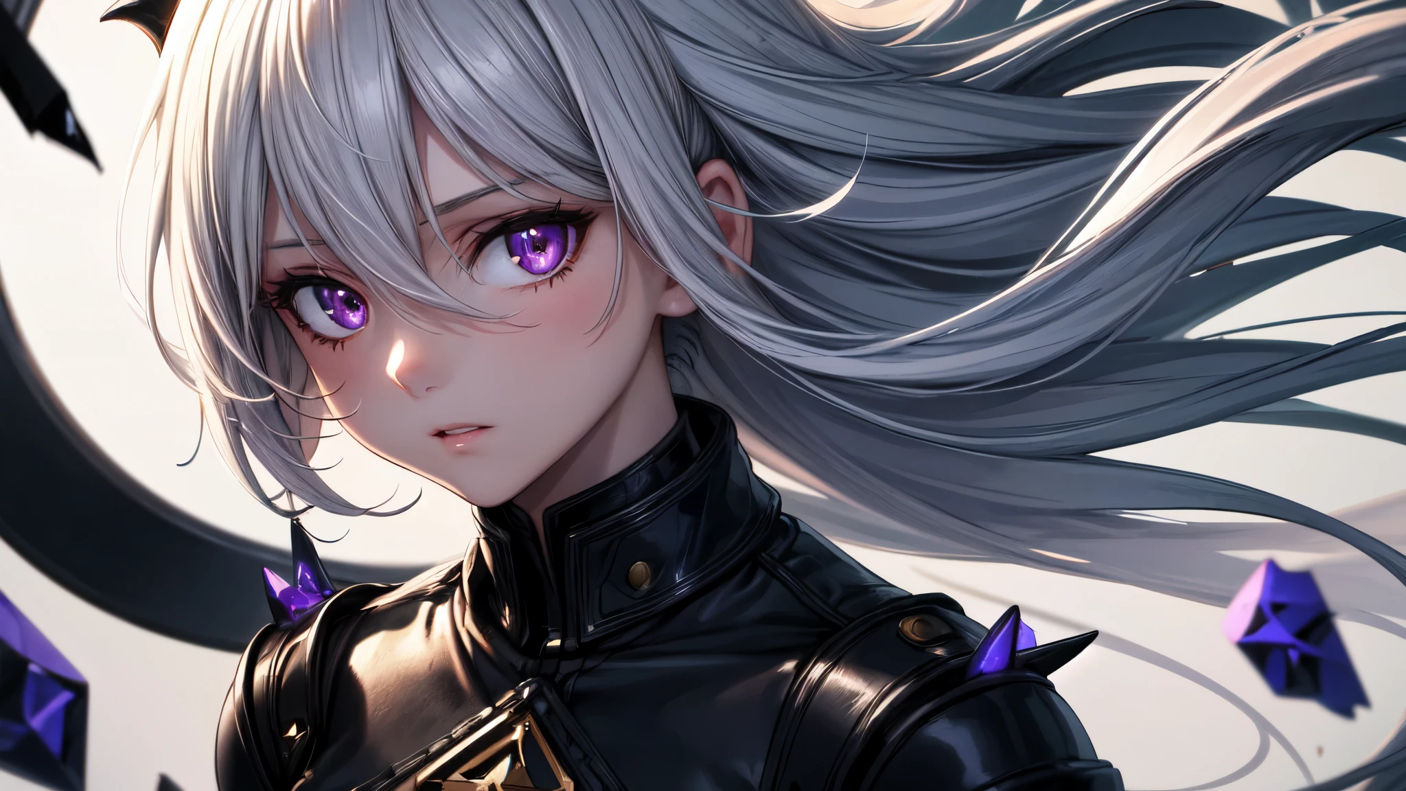top-quality、Top image quality、masterpiece、girl with((white and black mechanical body armor、silver mechanical arm、、teen ager、cute lit Bust、big bast,Beautiful shining purple eyes、Breasts wide open, white hair、lightblue hair,Longhaire、A slender,Large valleys)),hiquality、Beautiful Art、Background with((On board a luxury liner)))、,masutepiece、depth of fields,Cinematic style