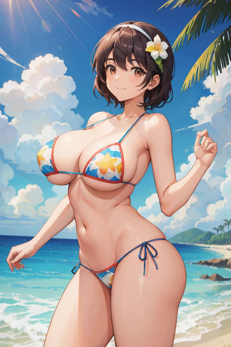 young and beautiful woman，Have a perfect body and beautiful big eyes, perfect figure, thin and thick, short and wavy hair, headband, Delicate printed micro bikini, playing on the beach, tropical island, glad, smile gently, avo, it's a perfect face, mute, atmospheric, linhas limpas, complex, super verbose, real, 8K, Showing off her hot big ass