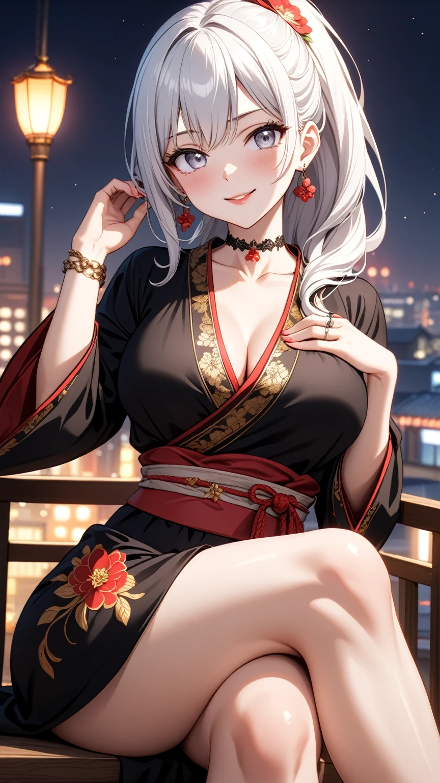 ((One personの女性)), Beautiful Face, (Laughing embarrassedly), (naughty face:1.1),((Wink:1.7)), (head tilt:1.3), teeth,Laugh with your mouth wide open,((Bright red cheeks:1.4)), ((thigh focus:1.3)), Glossy red lips, ((crossed legs:1.4)), ((panty shot:1.2)),Gold T-back shorts, (Shining Face), Touching hair with hands,looking at viewer, Rooftop terrace, firework,Lighting on the face, ((Anime style background)),masterpiece, Highest quality, so beautiful,up to date, Complex details, (Pink long nails),(ring),(bracelet),(Floral choker),AI-generated, Complex,High resolution, Highest quality, super high quality,3D Images、3D Images,One person,Long white hair,High Ponytail, Anime woman posing for a photo,(blue eyes), ((Fine grain、Silvery white eyes、Shining Eyes:1.3)), (Squint your eyes:1.1),a hyperRealistic , hyperRealistic , Realistic,Anime woman with long white hair, Smooth anime CG art, A woman in a colorful kimono with gold embroidery, (Black long sleeve kimono),Red floral pattern,Long flower hair ornament,Earrings,Mature Body,(Big Breasts:1.1),Tall,Abdominal muscles,Tight waist, (Zoom up to face:1.0), ((from side)),
