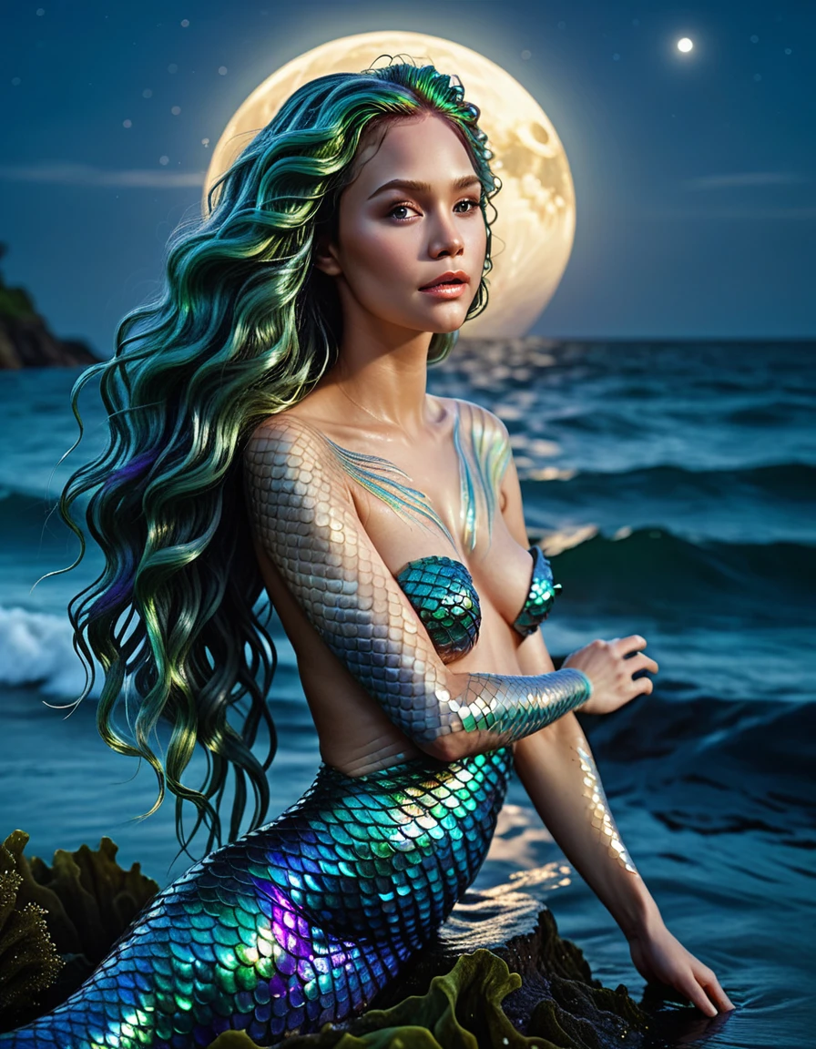 A mystical mermaid with iridescent scales and flowing seaweed-like hair, emerging from the ocean waves under a moonlit sky, (best quality,8k,highres,masterpiece:1.2), ultra-detailed, (realistic, photorealistic, photo-realistic:1.37), shimmering water, bioluminescent glow, ethereal, enchanting, mythical