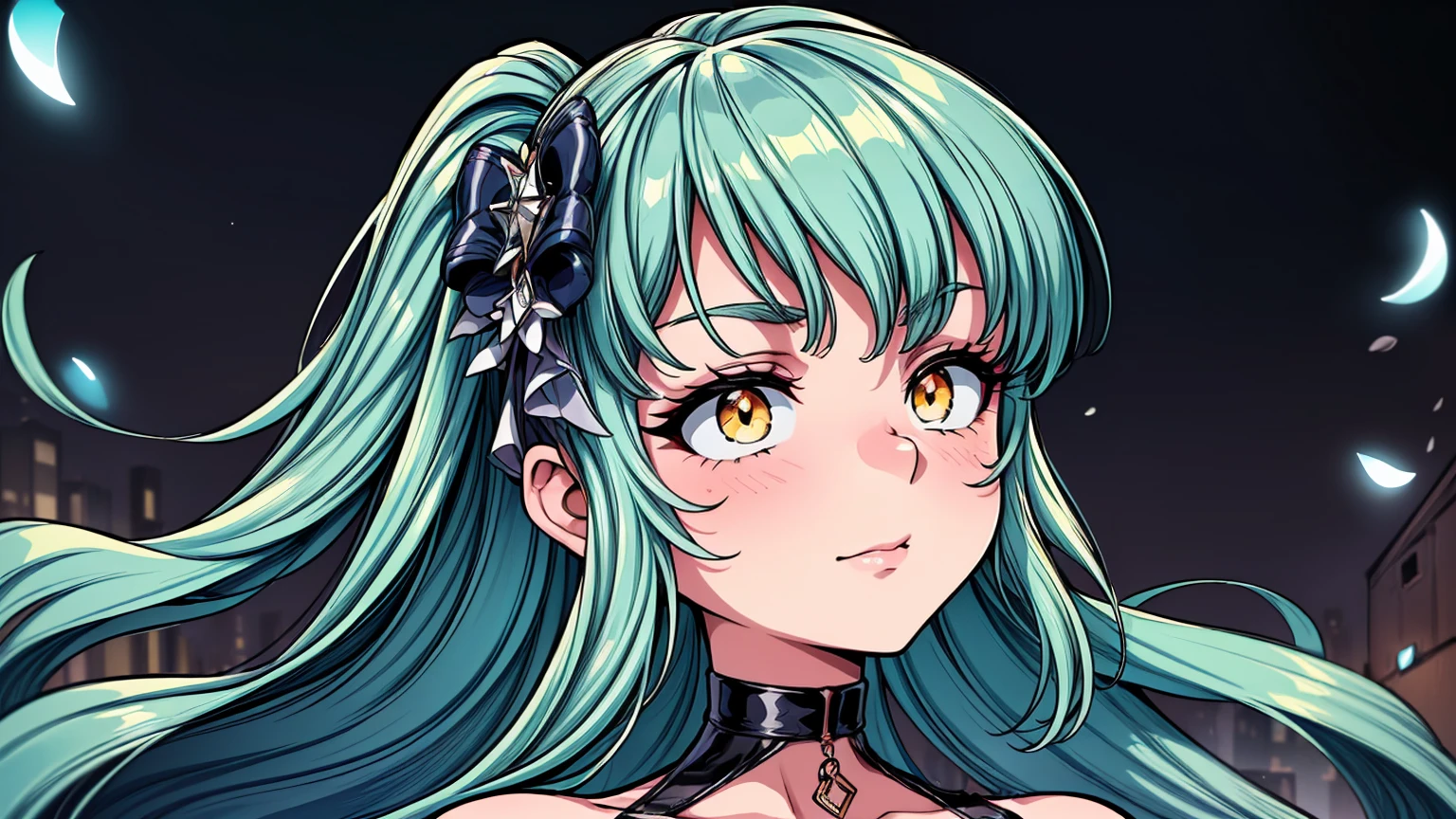 ((((Obra maestra, La mejor calidad, ultrahigh resolution)))), 1girl, standing,), ((long pure aqua hair, hair over eye)), long hair cut, shiny skin, ((golden eyes)), glowing_eyes, neon eyes, (ultra detailed eyes:0.7, beautiful and detailed face, detailed eyes:0.9), ((centered)), smirk, facing viewer, ((vibrant background, dark lighting, summer, sunlight)), large chested, looking at viewer, ((half closed eyes)), ((perfect hands)), (((head:1, arms, hips in view, elbows, in view))), ((hands behind back)), empty eyes, beautiful lighting, ((outside, outdoors)), defined subject, head tilt, (((gritty)), ((creepy)), ((cool)), ((beautiful)), (((SFW))), hair ornament, petals in the air, moon in the sky, city, mature woman, adult woman, sfw, dark blue dress, night dress, she is a princess