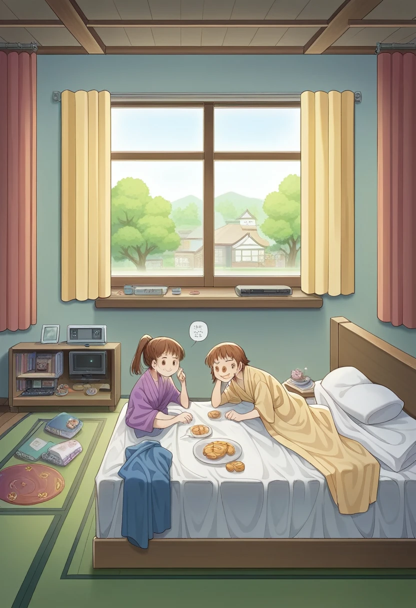 Absurd resolution, high resolution, (masterpiece: 1.4), super detailed, (((detailed face, detailed expression)), two girls, girl and girl, friends, best friends, classmates, relax, ponytail, bob, sitting on bed, sitting on the floor, two are talking, background is in the room, friends, best friend, home, 1K, small room, curtains, bed, TV, desk, sweets, Talk about travel with friends, gathering, fun, smile, room wear, Kyoto animation, Kyoto animation atmosphere, glitter, brilliance,