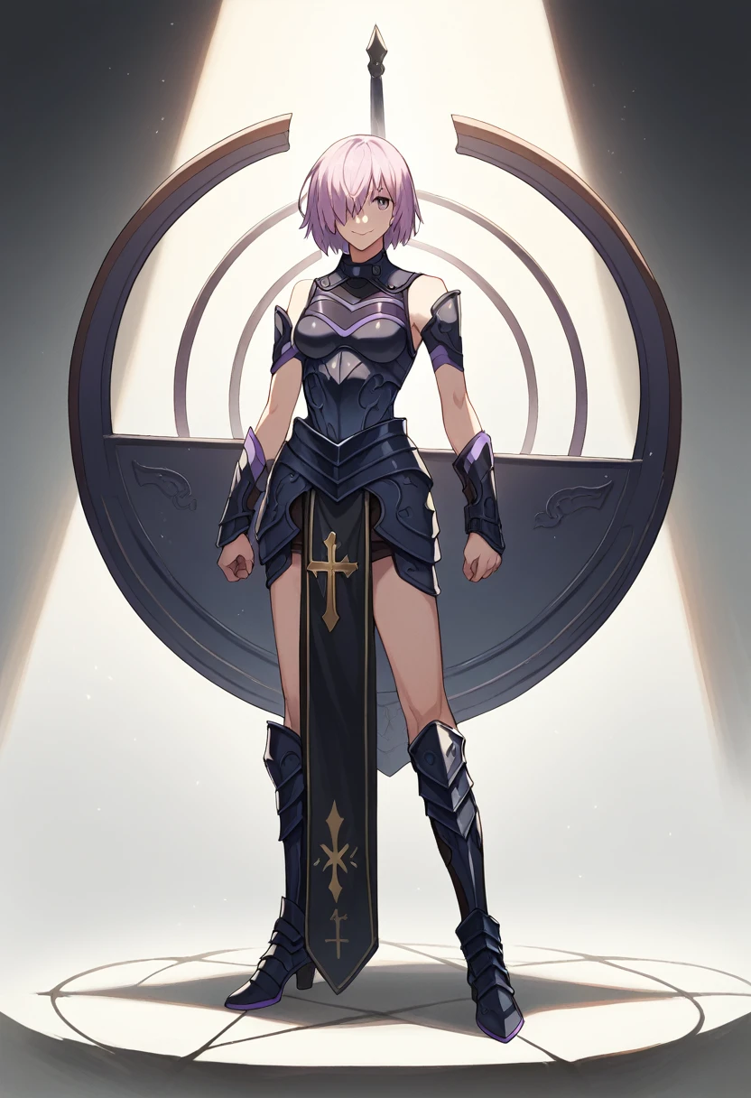 full body, masterpiece, best quality, 1girl, (detailistic), dark armor, dark cross shield, mash kyrielight, light purple hair, short hair, hair over one eye, smile, slim body, detailed eyes, ultra-detailed, hyper-realistic, 8k, cinematic lighting, dramatic lighting, dramatic atmosphere, intricate details, exquisite details, flawless skin, beautiful face, elegant pose, powerful presence, captivating expression, vibrant colors, stunning contrast