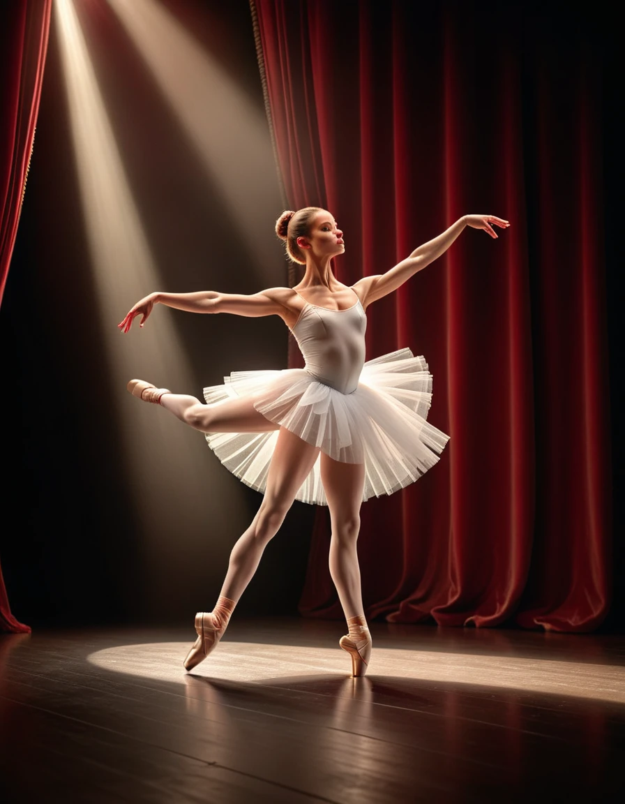 A serene and graceful ballerina with a delicate bun, wearing a pristine white tutu, performing on a grand stage with dramatic spotlight, (best quality,8k,highres,masterpiece:1.2), ultra-detailed, (realistic, photorealistic, photo-realistic:1.37), elegant pose, graceful movements, rich red velvet curtains, classic, artistic, beautiful