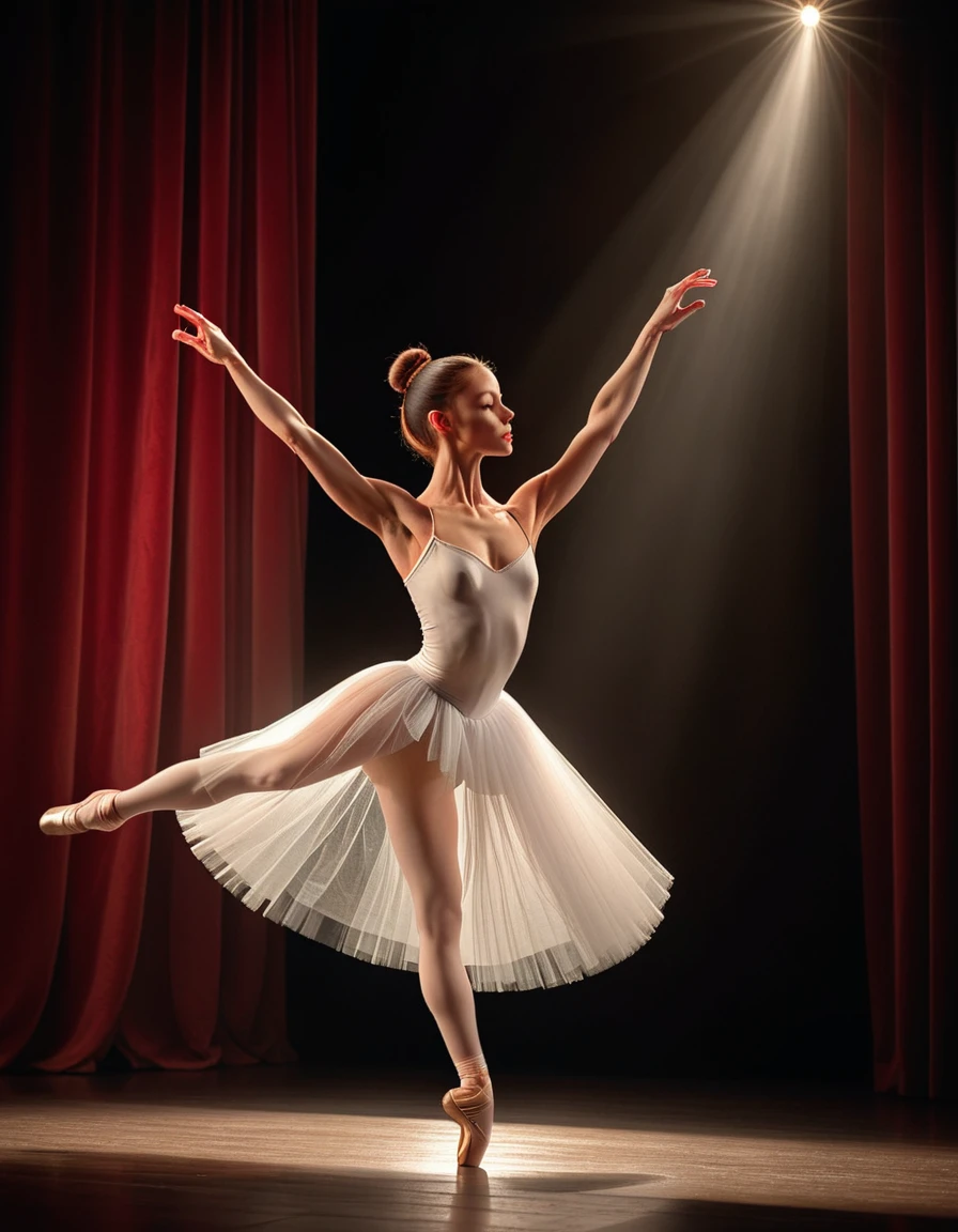 A serene and graceful ballerina with a delicate bun, wearing a pristine white tutu, performing on a grand stage with dramatic spotlight, (best quality,8k,highres,masterpiece:1.2), ultra-detailed, (realistic, photorealistic, photo-realistic:1.37), elegant pose, graceful movements, rich red velvet curtains, classic, artistic, beautiful
