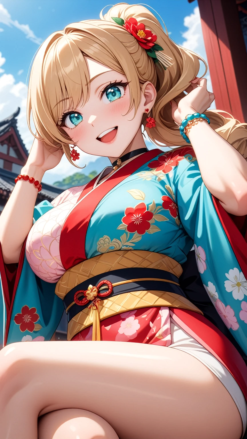 ((One personの女性)), Beautiful Face,(Laughing embarrassedly), (naughty face:1.2), (Wink:1.9), (head tilt:1.3), Laughing with your mouth open, upper teeth, ((Bright red cheeks:1.4)),Glossy pink lips, ((crossed legs:1.3)), ((thigh focus:1.2)), ((panty shot:1.1)), Pink thong shorts, looking down at viewer,Touching hair with hands,looking at viewer,Shining Face, rooftop, Festival decorations, firework, ((Anime style background)),masterpiece, Highest quality, so beautiful,up to date, Complex details, (Pink long nails),(ring),(bracelet),(choker),AI-generated, Complex,High resolution, Highest quality, super high quality,3D Images、3D Images,One person,Long blonde hair,ponytail, wavy hair ,Anime woman posing for a photo, ((Fine grain、Turquoise Eyes、Shining Eyes:1.3)), (Squint your eyes:1.1),a hyperRealistic , hyperRealistic , Realistic,Anime woman with long white hair, Smooth anime CG art, A woman in a colorful kimono with gold embroidery, (Pink long sleeve kimono),Red floral pattern,Long flower hair ornament,Earrings,Mature Body,(Big Breasts:1.1),Tall,Abdominal muscles,Tight waist,(Zoom up to face:1.0), ((from the side and slightly from below)),