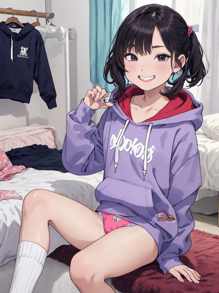 1girl,,,my room,socks,grin,hoodie,panties