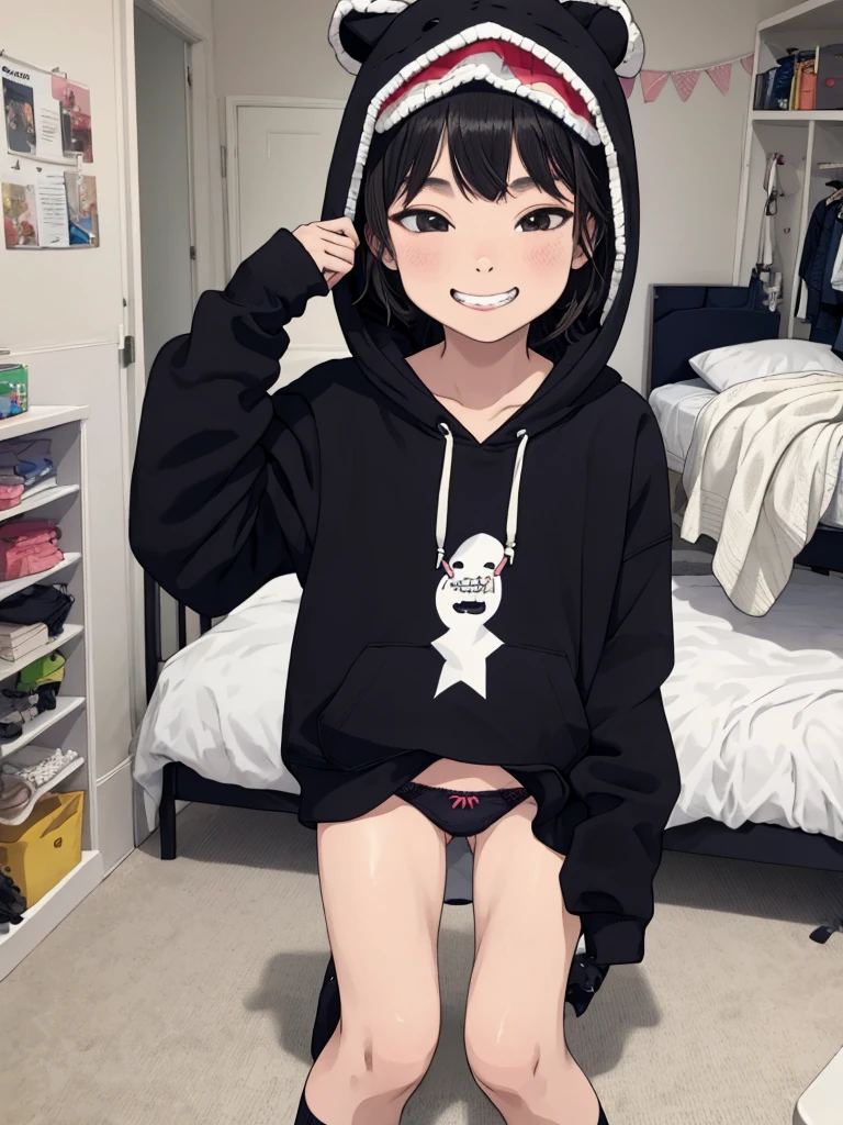 1girl,,,my room,socks,grin,hoodie,panties