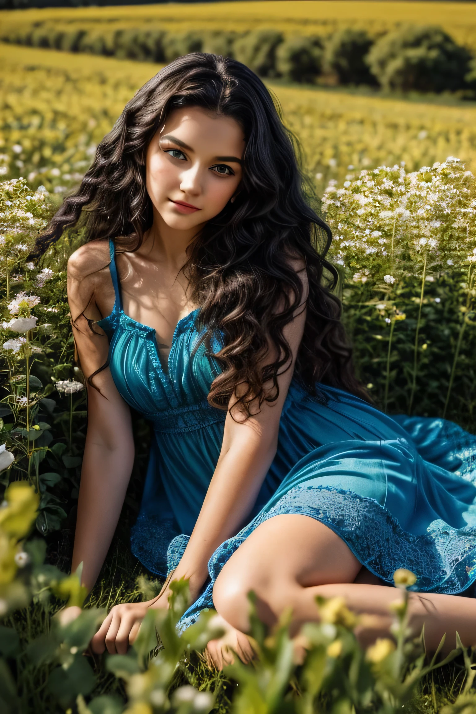 Teenage girl, long curly black hair, green eyes, light makeup, wearing a blue beautiful dress, posing in a sunny flower field, soft lens, photorealistic portrait