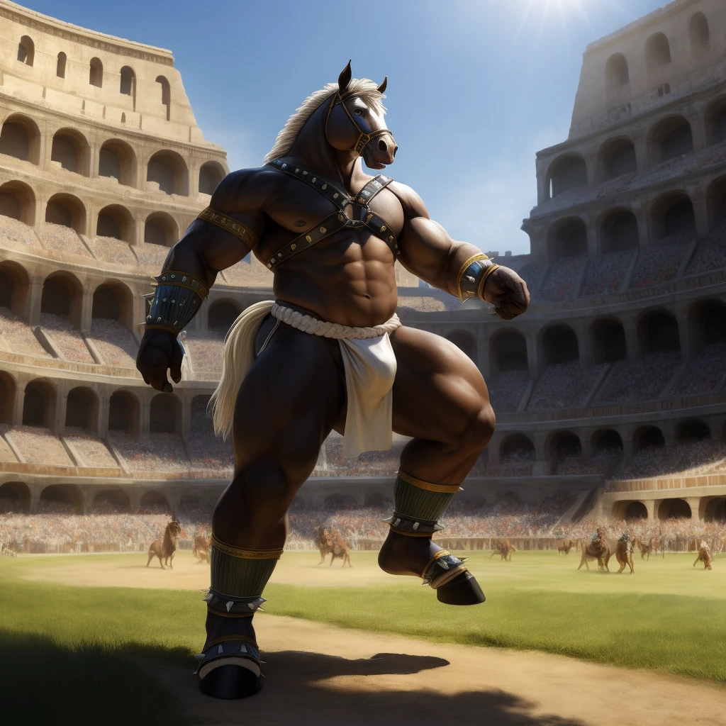 Furry, Kemono, Antropomorphic, Equine, solo, (Color White), Furry Antropometric legs, Two legs, Biped, Hooves, Antro body, Bigg Ass, Male Bulge, Bigg Balls, Full body, Braided Mane, Roman gladiator armor, Gladiator, Black leather harness, Spiked Anklet, White fitted fundoshi, Roman arena with public in the stands, Blue Sky Background with Green Grass Meadow, Blue Pupil Eyes, High Resolution, 4K Detailed, Good Lighting, Beautiful, Photorealistic, Realistic, White Fundoshi, tight loincloth, tale, tale horse