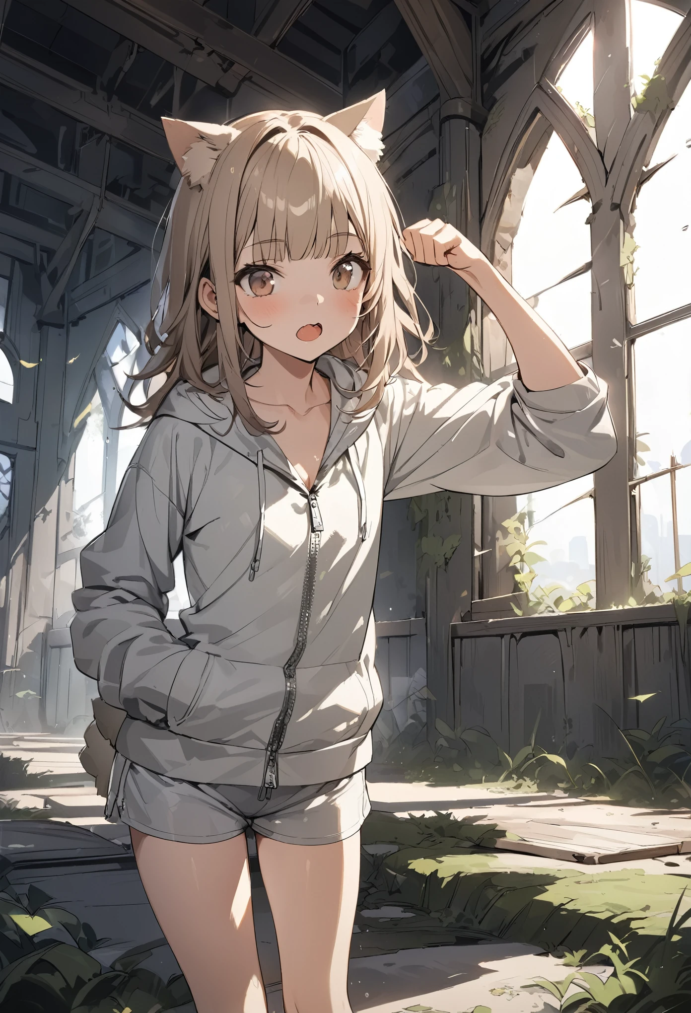 ((Masterpiece)), ((best quality)), (Anime:1.3), (super detail:1.2),(High Definition:1.3), (Professional Photography:1.2), (wide shot), (sharp focus), (perfect light), ((12 years old)), (1girl), (morning), messy medium hair, Beautiful collarbone, (cute hoodie with zipper), cleavage, white tanktop, cute boxer shorts, (Healthy slim body), (loose blunt bangs), Slender body, glossy skin, (triumphant look), open mouth, ((Beautiful brown eyes)), Textured skin, (Cat ears), Pale brown hair, Cute Beautiful Girl, (slightly exposed small chest), BREAK, ((best quality)), Dynamic angles, ((raise fist)), (in the Mossy abandoned church), (sharp focus), perfect hands, (perfect light),