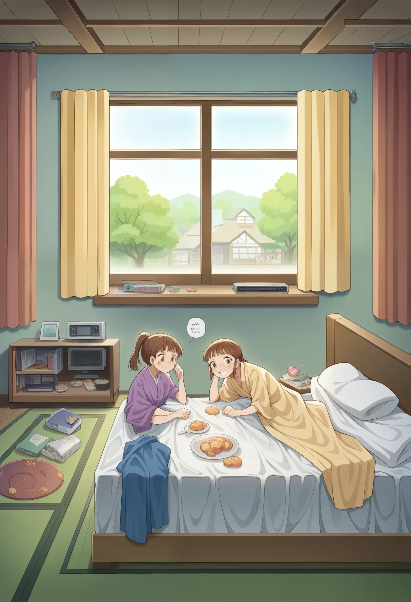 Absurd resolution, high resolution, (masterpiece: 1.4), super detailed, (((detailed face, detailed expression)), two girls, girl and girl, friends, best friends, classmates, relax, ponytail, bob, sitting on bed, sitting on the floor, two are talking, background is in the room, friends, best friend, home, 1K, small room, curtains, bed, TV, desk, sweets, Talk about travel with friends, gathering, fun, smile, room wear, Kyoto animation, Kyoto animation atmosphere, glitter, brilliance,