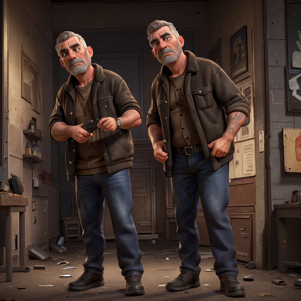a middle-aged man aiming a shotgun at a burglar, detailed facial features, hyper realistic, dramatic lighting, cinematic composition, gritty urban environment, chiaroscuro, moody atmosphere, (best quality,8k,highres,masterpiece:1.2),ultra-detailed,(realistic,photorealistic,photo-realistic:1.37),dramatic,gritty,cinematic,moody