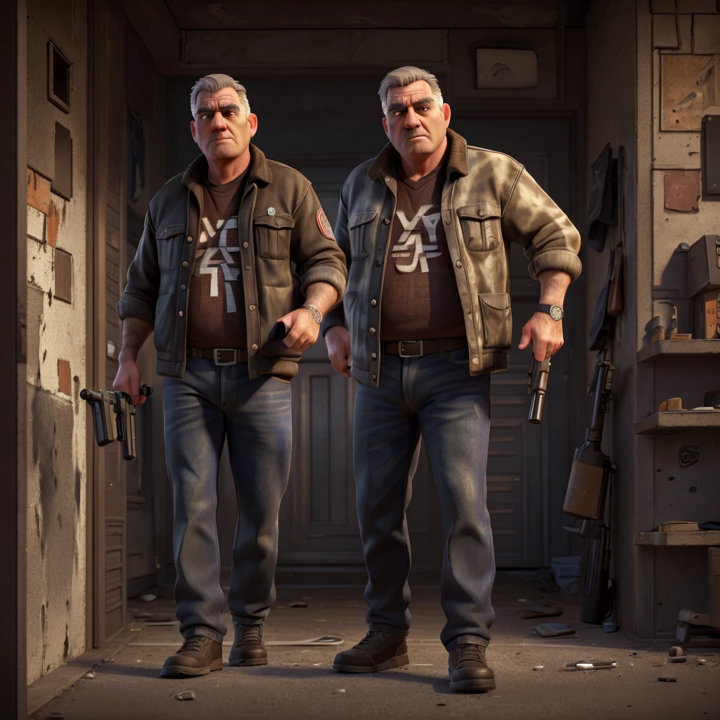 a middle-aged man aiming a shotgun at a burglar, detailed facial features, hyper realistic, dramatic lighting, cinematic composition, gritty urban environment, chiaroscuro, moody atmosphere, (best quality,8k,highres,masterpiece:1.2),ultra-detailed,(realistic,photorealistic,photo-realistic:1.37),dramatic,gritty,cinematic,moody