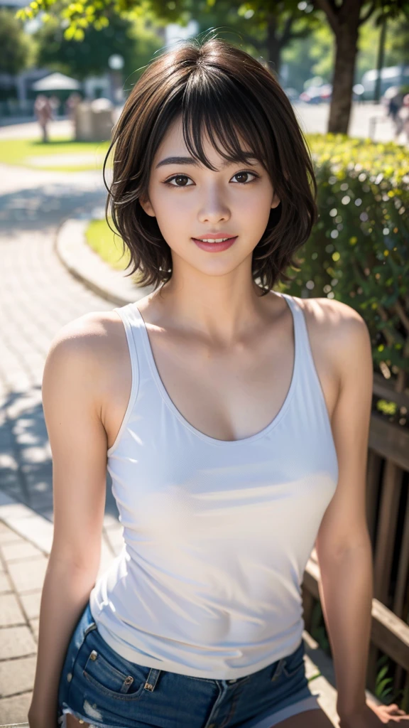 (masterpiece:1.3), (8K, Photoreal, Raw photo, best image quality: 1.4), japanese girl、standard body shape:1.3、(random hairstyle:1.2)、maikurobikini:1.2、super detail face、eye for details、double eyelid、super detailed armpits、sharp focus:1.2、Beautiful woman:1.4、light brown hair、highest quality、masterpiece、Super high resolution、(Photoreal:1.4)、Highly detailed and professionally lit smiles、Background of the playground、Tight white tank top、shorts、