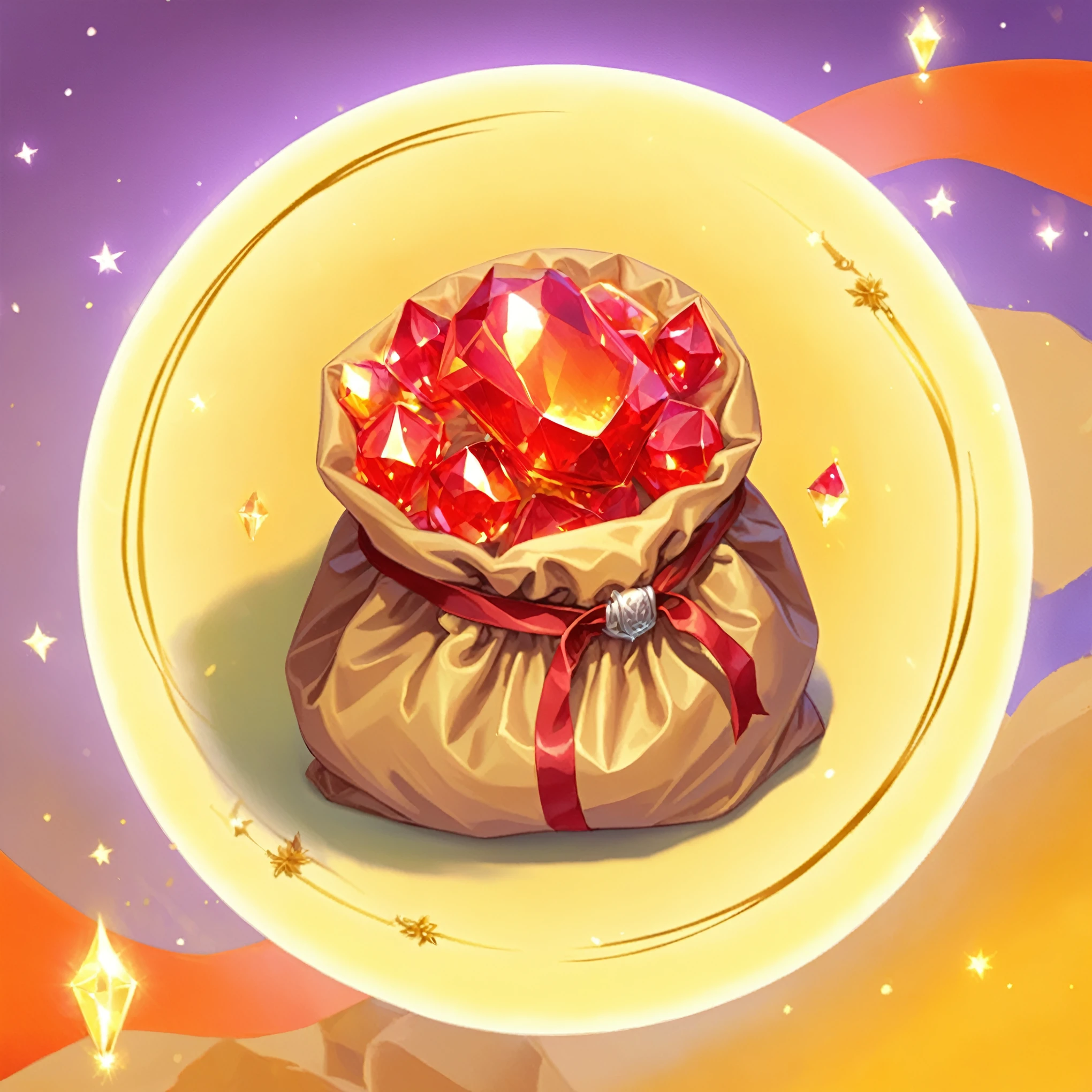 digital painting, mmorpg, Warm colors, cute style, medieval game, glowing effects in the background, glow effects, colorful, No characters, no characters, cute style, anime style, holiday, bag of rubies, sack, Rubies, Award