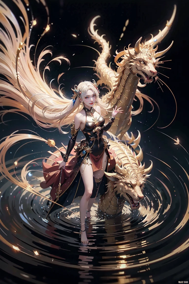 anime with long hair and red dress standing in the water with a big golden dragon, 4K anime art wallpaper, 8K anime art wallpaper, anime fantasy artwork, 4k fantasy artwork, 坏蛋动漫8 K, epic anime art, detailed art of onmyoji, anime fantasy illustration, inspired by Naomi, 4K anime-style, gold accents