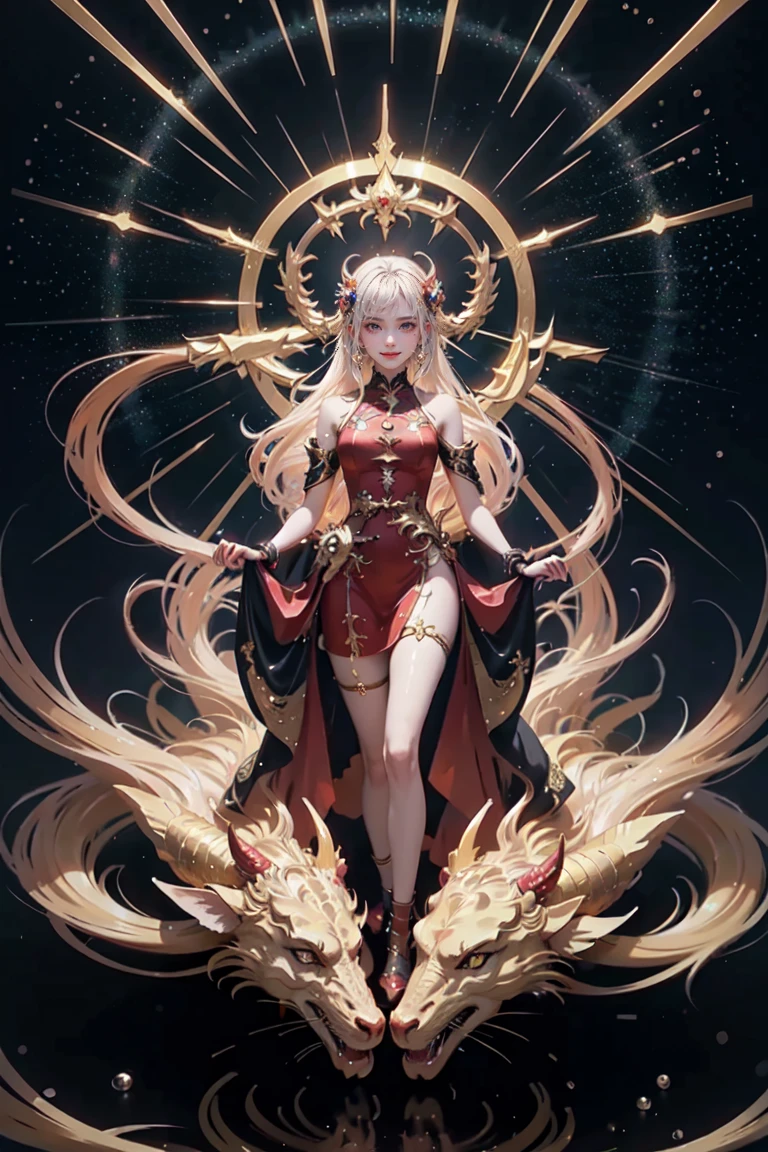 anime with long hair and red dress standing in the water with a big golden dragon, 4K anime art wallpaper, 8K anime art wallpaper, anime fantasy artwork, 4k fantasy artwork, 坏蛋动漫8 K, epic anime art, detailed art of onmyoji, anime fantasy illustration, inspired by Naomi, 4K anime-style, gold accents