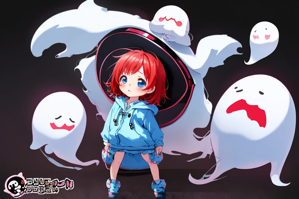 ANIME Chibi Girl logo, A CUTE girl, wearing a ghost costume with a hood, no details on the costume, red hair, blue eyes. The logo style should be in anime kawaii style, artistic. No six fingers, short hair, No detailed drawing, No long hair. Simple withe hoodie. Black background