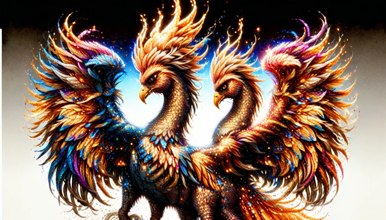 A phoenix with royal brilliance rising from the ashes, its fiery plumage a brilliant display of sparkling colors, symbolizing rebirth and beauty