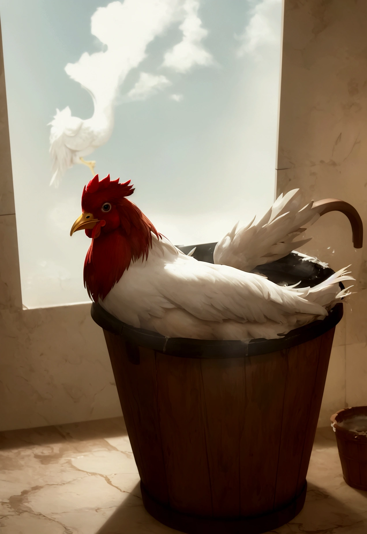 best qualityer, Rooster being bathed in a bucket of milk