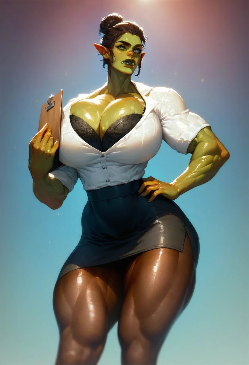 score_9, score_8_up, score_7_up, 8k, very detailed, high detailed texture, depth of field, elegant orc woman, muscular body, pointed ears, glossy dark green lips, shiny skin, oiled skin, green skin, cleavage, huge breasts, wide hips, thic thighs, datailed legs, green eye, secretary clothes, white shirt, black bra, black skirt, pantyhose, bun hair, dignified expression, strong jawline. one hand on waist, holding a clipboard, vox machine style, 1girl, female focus, solo, fantasy, night background, (dynamic lighting:1.1) ((masterpiece))