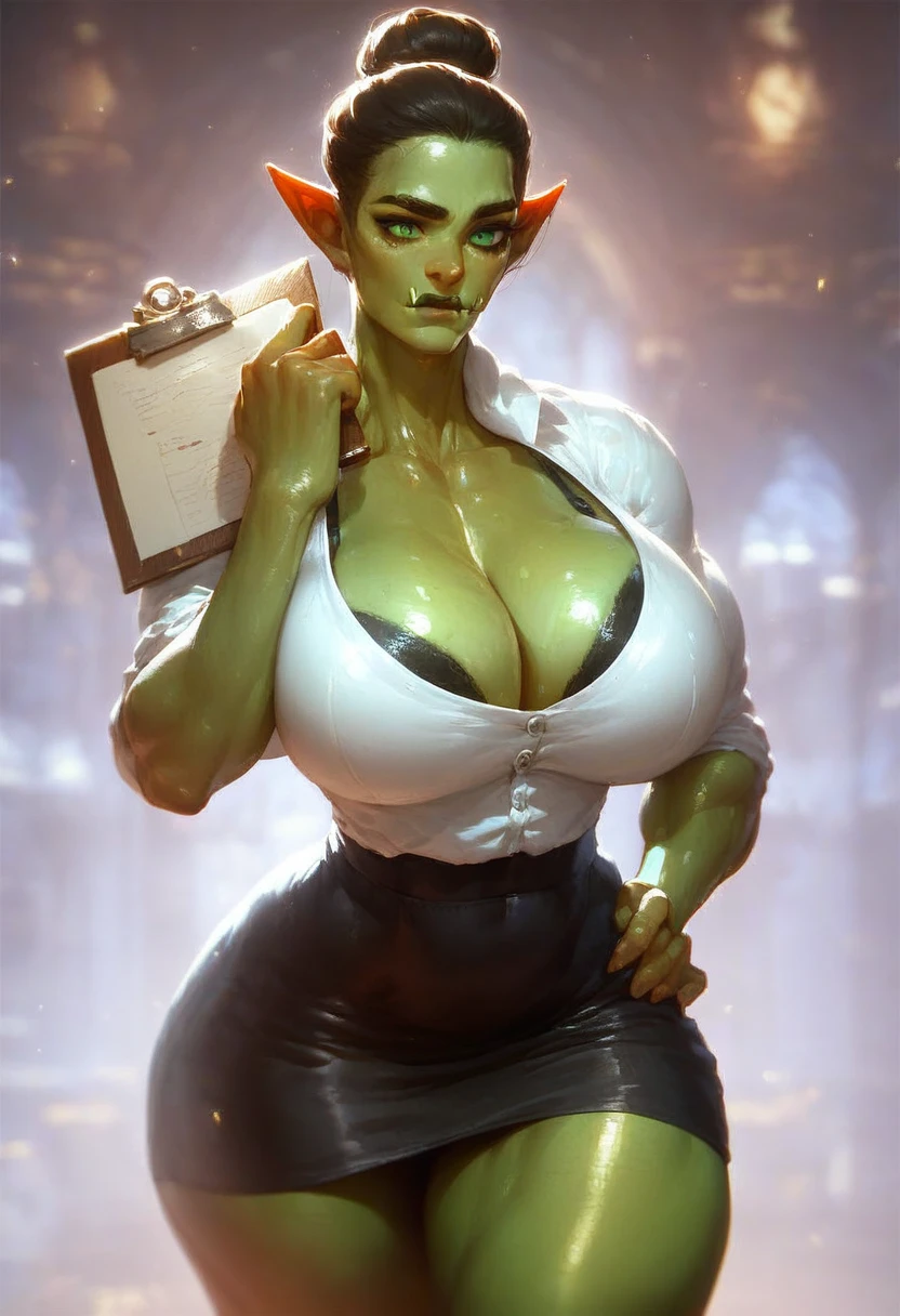 score_9, score_8_up, score_7_up, 8k, very detailed, high detailed texture, depth of field, elegant orc woman, muscular body, pointed ears, glossy dark green lips, shiny skin, oiled skin, green skin, cleavage, huge breasts, wide hips, thic thighs, datailed legs, green eye, secretary clothes, white shirt, black bra, black skirt, pantyhose, bun hair, dignified expression, strong jawline. one hand on waist, holding a clipboard, vox machine style, 1girl, female focus, solo, fantasy, night background, (dynamic lighting:1.1) ((masterpiece))