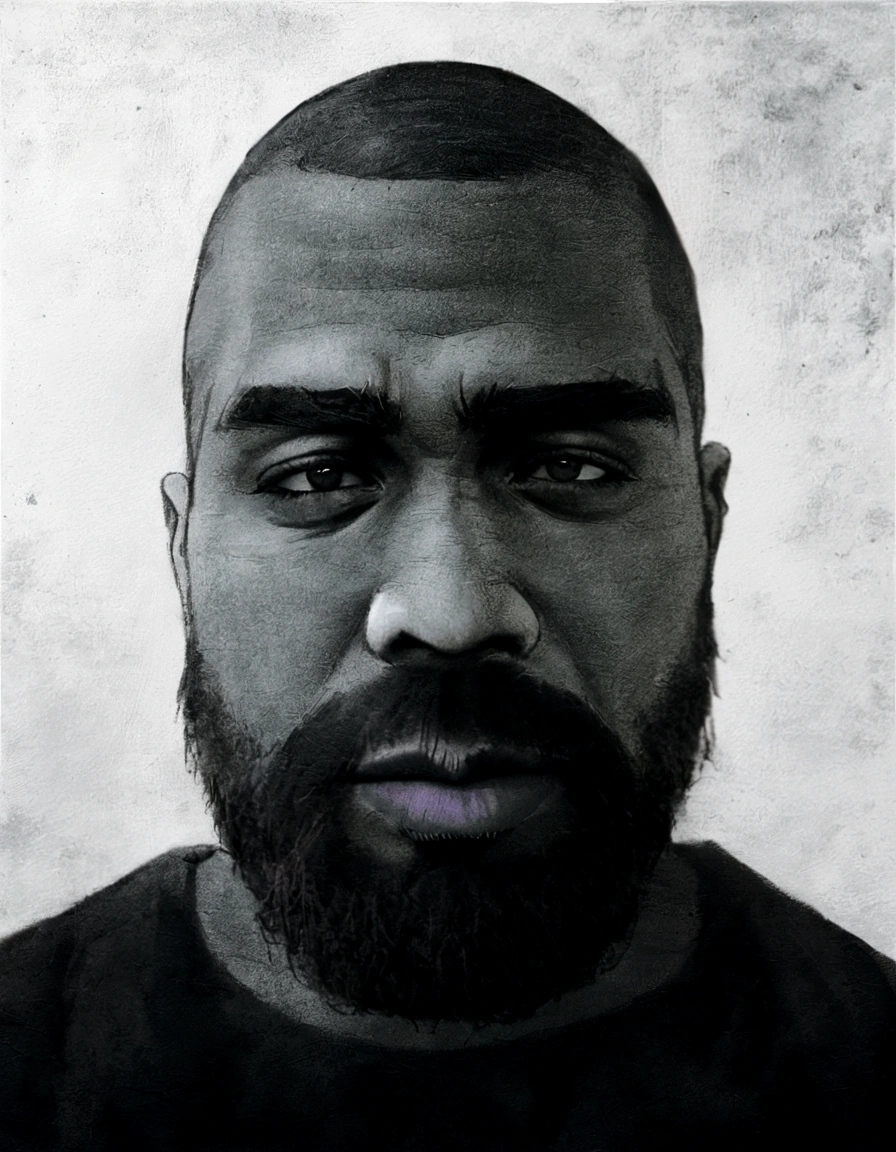 arafed man with a beard and a black shirt stares at the camera, portrait of kanye west, kanye west, kayne west, kanye, ye mighty, kanye west donda album cover, kanye west torso, kanye west as the joker, kanye west album cover, kanye west as a jedi, kanye west as emperor napoleon, yeezus