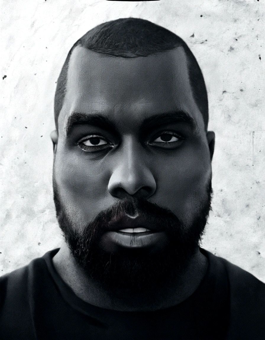 arafed man with a beard and a black shirt stares at the camera, portrait of kanye west, kanye west, kayne west, kanye, ye mighty, kanye west donda album cover, kanye west torso, kanye west as the joker, kanye west album cover, kanye west as a jedi, kanye west as emperor napoleon, yeezus