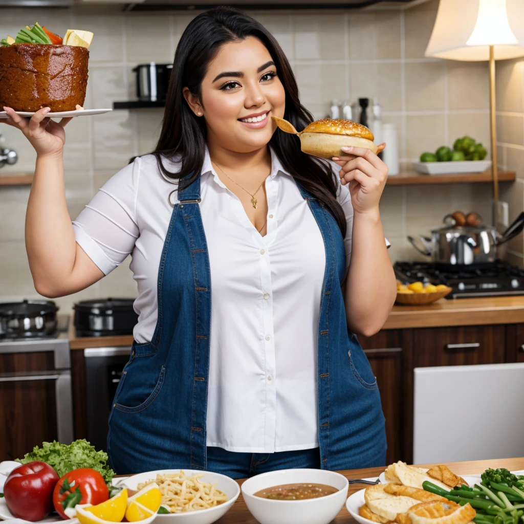 fat woman jung influencer latina green eyes  eating food