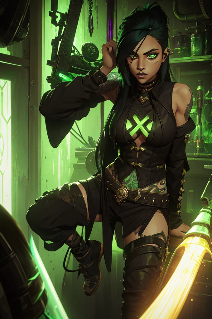 only one girl, black hair and phospor green underlights, green eyes, has tattoos, piercings, light skin but not that light, dressed in dark fantasy style, long hair gothic dark style punk diesel, sitting in the lab working with weapons and hextech gems