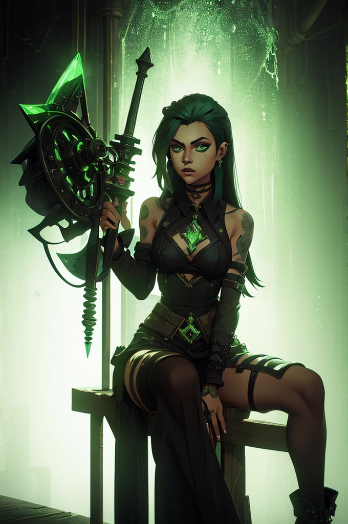 only one girl, black hair and phospor green underlights, green eyes, has tattoos, piercings, light skin but not that light, dressed in dark fantasy style, long hair gothic dark style punk diesel, sitting in the lab working with weapons and hextech gems