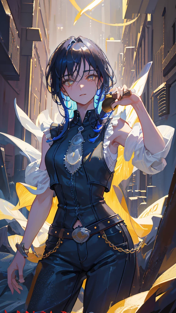 1 boy, young, medium-long dark blue hair, tanned skin, yellow eyes, dressed in a black sleeveless shirt with a high collar, wine concho pants, warrior position, a happy and determined expression (best quality, 4k , 8k, high resolution, masterpiece: 1.2), ultra detailed, (realistic, photorealistic, photorealistic:1.37), studio lighting, extremely detailed face and eyes, beautiful detailed eyes, beautiful detailed lips, long eyelashes, ethereal, dark fantasy , dramatic, moody, gloomy lighting