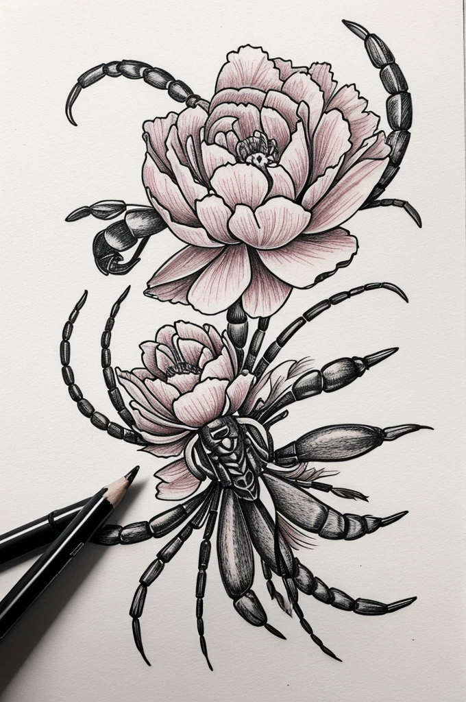 Generate a drawing for a tattoo where a scorpion and a peony appear