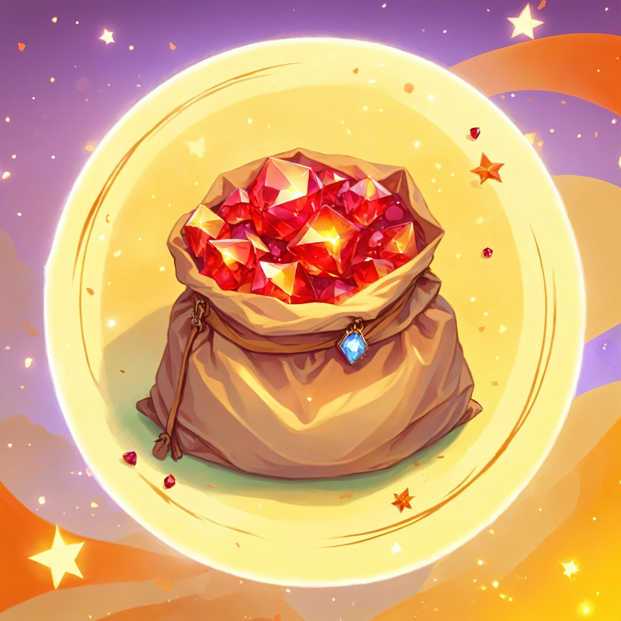 digital painting, mmorpg, Warm colors, cute style, medieval game, glowing effects in the background, glow effects, colorful, No characters, no characters, cute style, anime style, holiday, bag of rubies, sack, Rubies, Award