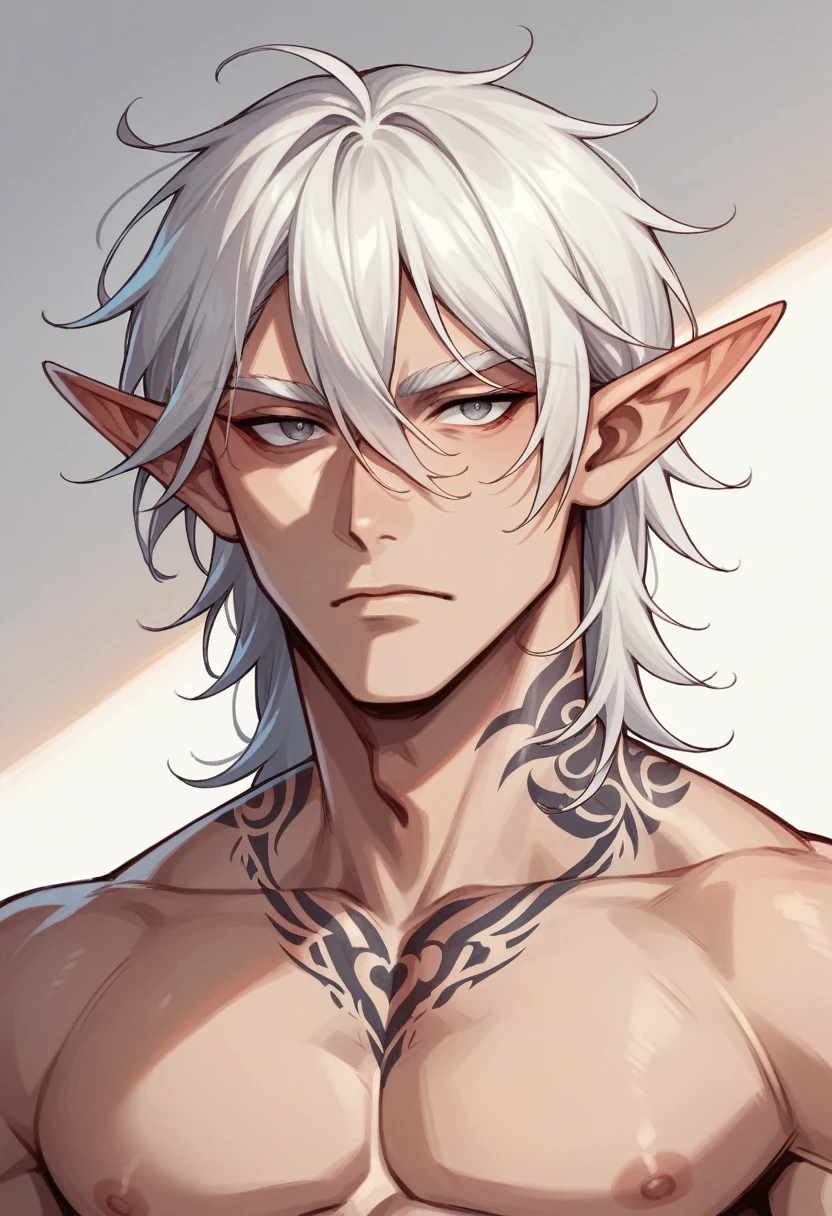 Elf Man, masculine, with white hair and tattoo on the neck. striking eyes.