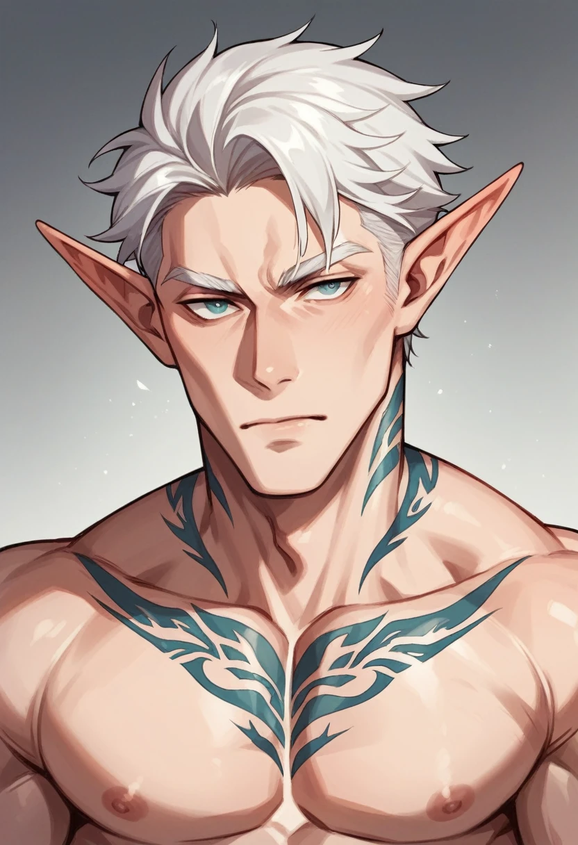 Elf Man, masculine, with white hair and tattoo on the neck. striking eyes.