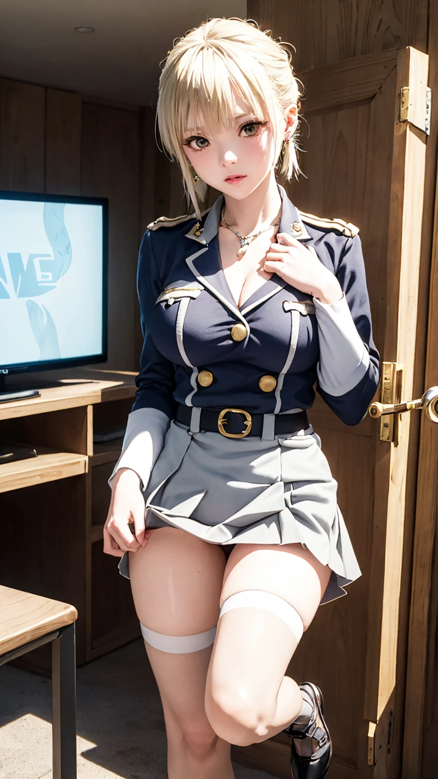 (masterpiece: 1.3), (Maximum resolution: 1.2), (Ultra HD TV: 1.2), Cinematic Light, 8K resolution, Detailed facial features , (Sharp focus: 1.2),Perfect Style, Beautiful Face, Acura, Anatomically correct, Highly detailed face and skin quality感, Beautiful Eyes,ThroughkBright Eyes, Natural Cheeks, Glowing Skin, (Glossy Lips: 1.4),、 (A 恥ful expression: 1.2),Highly detailed face and skin quality, Natural Cheeks, , Glossy Lips,Exposed cleavage、(White mucus on chest:1.6)(White mucus on thighs:1.6)、Please open your knees、joy、Spread your legs、、Sparkly little earrings and necklace、Disheveled clothes、stockings、Drenched in sweat、stockings , Clean woman,1 person、 Military vehicle cabin、blonde、Blonde、Blue-gray eyes、Green-gray eyes,(Miniskirt military uniform:1.4)、A small face with a mature model-like figure、dissatisfaction、Masturbate、Soft Breasts、Healthy legs、Bare thighs、Provocative pose、Grab the hem of your skirt、nude crotch,nude legs,nude hip