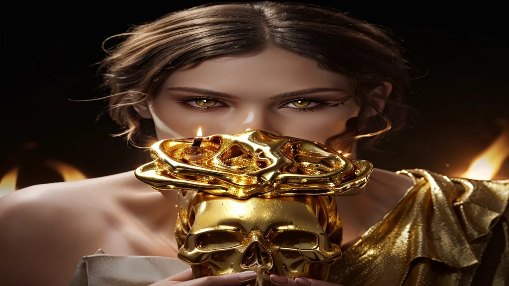 a close-up of a person holding a body with a skull head with melted gold and covered in shiny golden oil and in the background shows graphics with candles